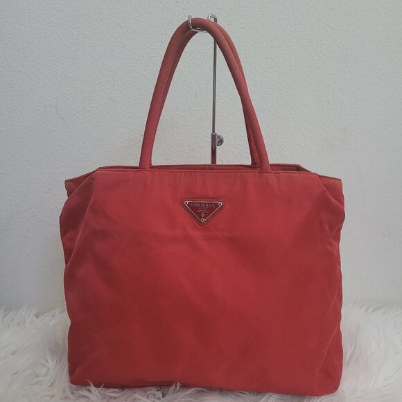 Prada Handbags - Prada red nylon triangle logo city tote bag